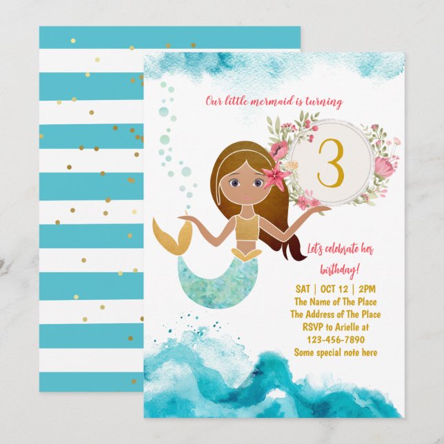 Mermaid Theme Under The Sea Baby Girl 3rd Birthday Invitation (Front/Back)