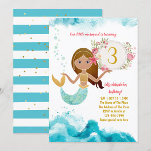 Mermaid Theme Under The Sea Baby Girl 3rd Birthday Invitation