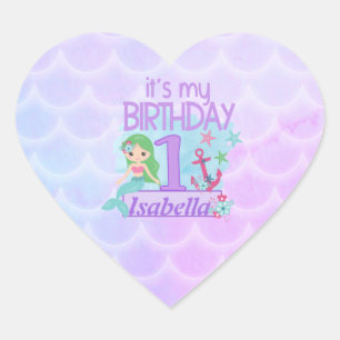 Mermaid themed 1st Birthday Heart Sticker