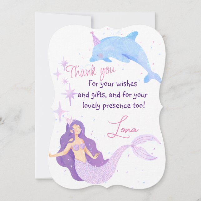 Mermaid Themed Birthday Bash Flat Thank You Card (Front)