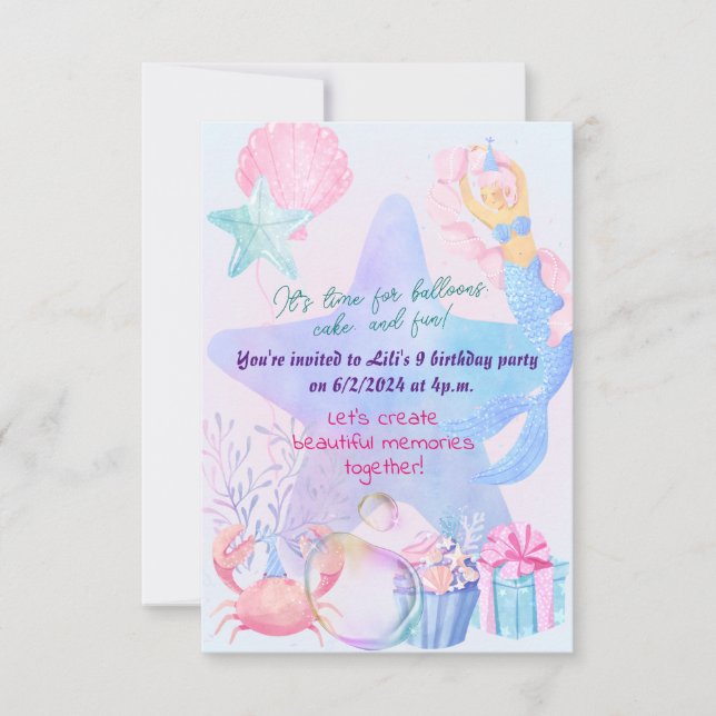 Mermaid Themed Birthday Bash  Invitation (Front)