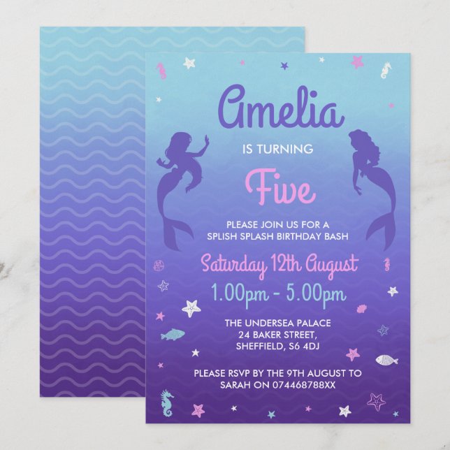 Mermaid themed birthday party invitation (Front/Back)