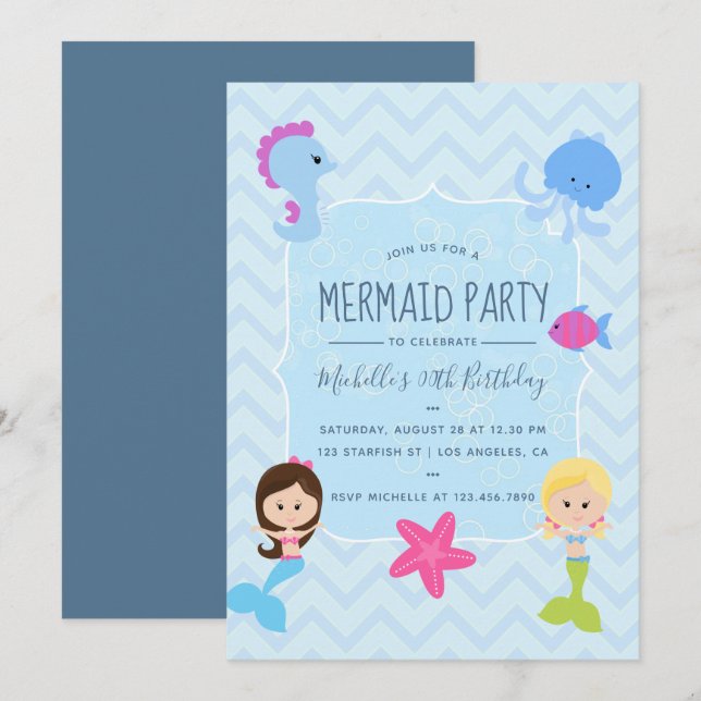 Mermaid themed Birthday Party invitation (Front/Back)