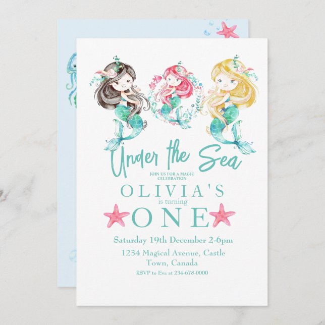   Mermaid Themed Birthday Party  Invitation (Front/Back)