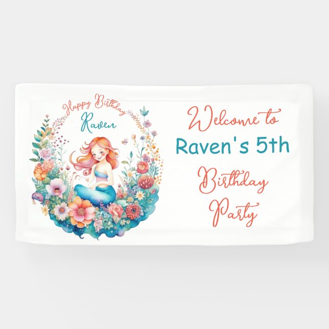 Mermaid Themed Floral Girl's Birthday Party Banner (Horizontal)