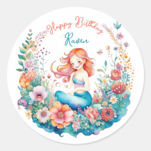 Mermaid Themed Floral Girl's Birthday Party Classic Round Sticker