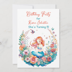Mermaid Themed Floral Girl's Birthday Party Invitation