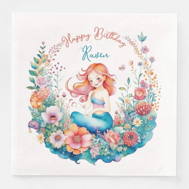 Mermaid Themed Floral Girl's Birthday Party Napkin (Front)