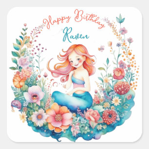 Mermaid Themed Floral Girl's Birthday Party Square Sticker
