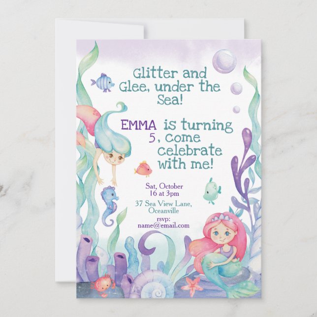 Mermaid Themed Kids Birthday Party Invitation (Front)