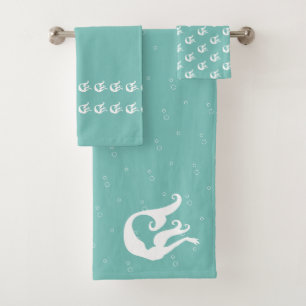 Mermaid Tidal Teal Blue and White Bath Towel Set