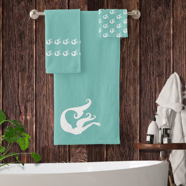 Mermaid Tidal Teal Blue and White Bath Towel Set (Creator Uploaded)