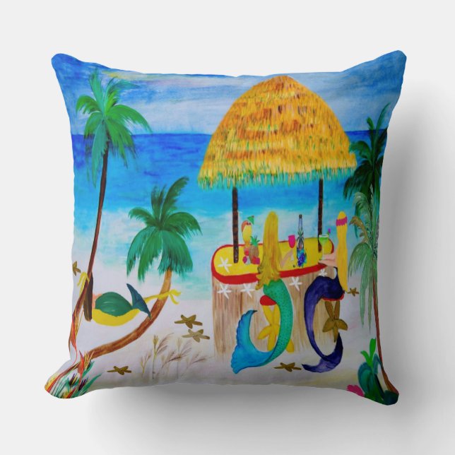 Mermaid Tiki Beach Bar Throw pillow (Front)