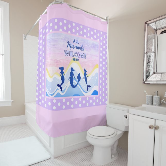 Mermaid Trio | All Mermaids Welcome | Polka Dot Shower Curtain (In Situ)