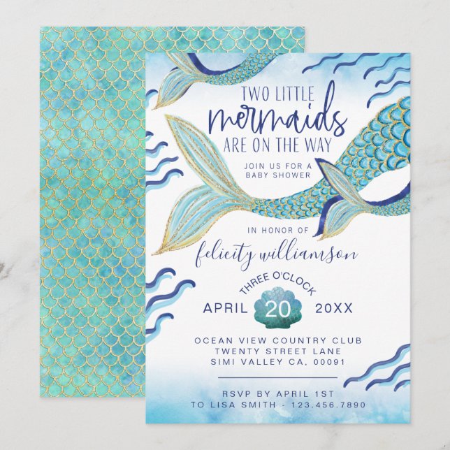 Mermaid Twins Baby Shower Invitation Mermaid Baby (Front/Back)