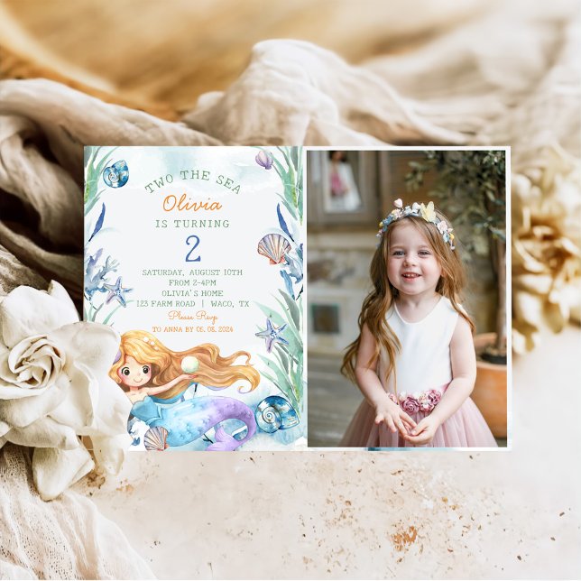 Mermaid Two The Sea 2nd Birthday Party Photo Invitation (Creator Uploaded)
