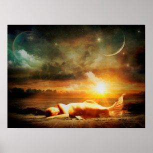 Mermaid under Moon Starry Night Mystical Poster