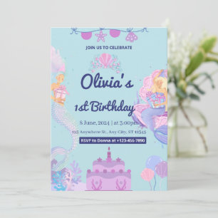 Mermaid Under Sea 1st Birthday Invitation