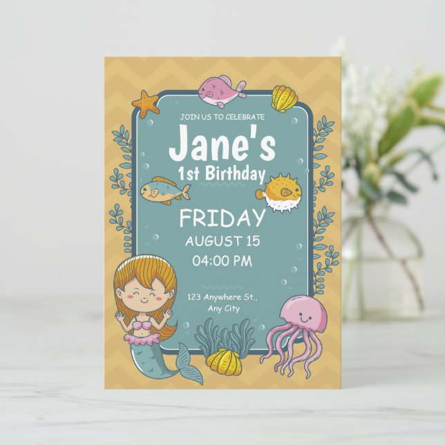 Mermaid Under The Sea 1st Birthday Party Invitation (Standing Front)