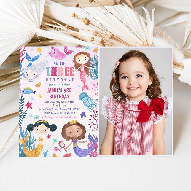 Mermaid Under The Sea 3rd Birthday Party Photo Invitation (Creator Uploaded)