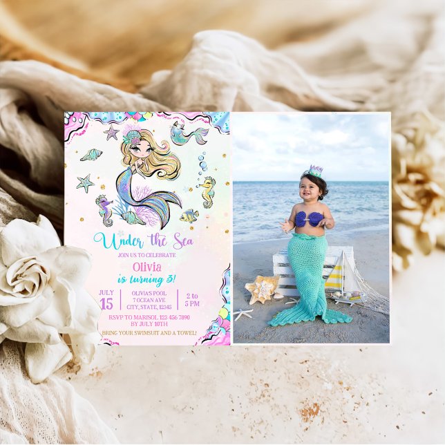 Mermaid Under The Sea 3rd Birthday Party Photo Invitation (Creator Uploaded)