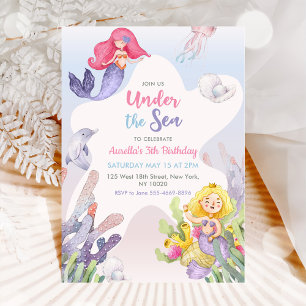 Mermaid Under The Sea 3th Birthday Party Invitation
