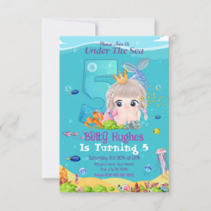 Mermaid Under The Sea 5th Birthday Invitation