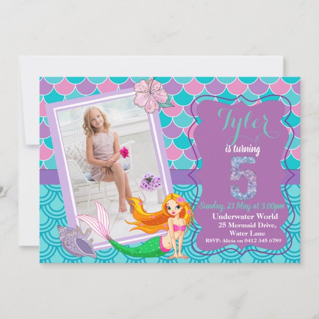 Mermaid Under the Sea 5th Birthday invitation (Front)