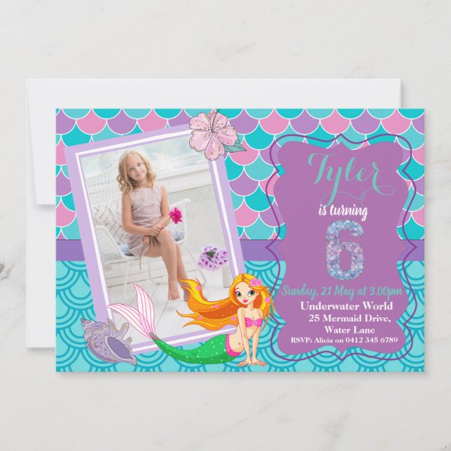 Mermaid Under the Sea 6th Birthday invitation (Front)