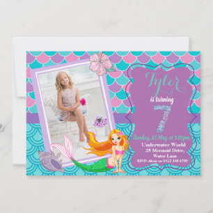 Mermaid Under the Sea 7th Birthday invitation