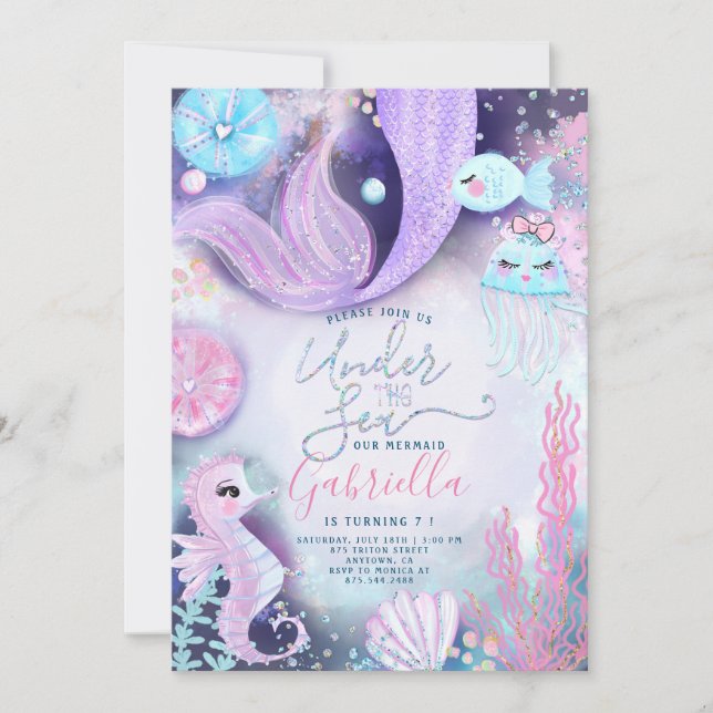 Mermaid Under The Sea Animals Birthday Invitation (Front)