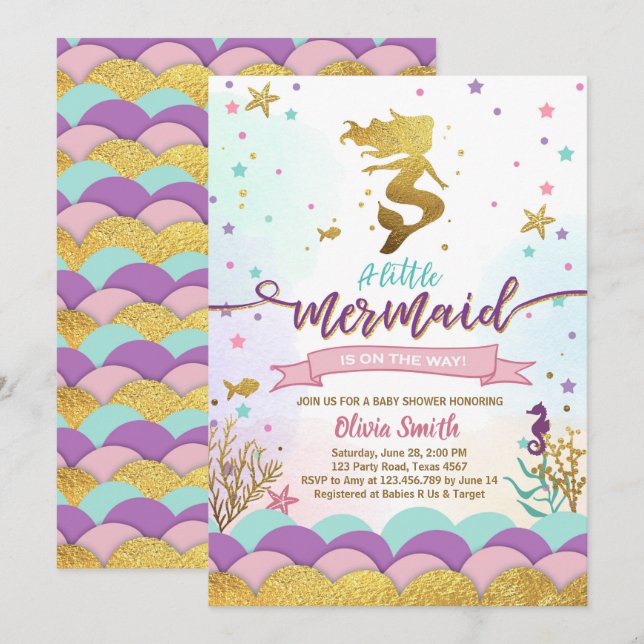 Mermaid Under The Sea Baby Shower Invitation Girl (Front/Back)