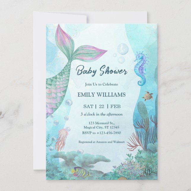 Mermaid Under The Sea Baby Shower Invitations (Front)