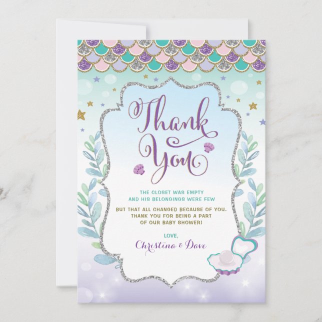 Mermaid Under the Sea Beach Ocean Baby Shower Thank You Card (Front)