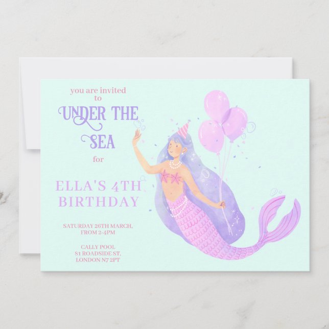 Mermaid Under the Sea Birthday Blue Invitation (Front)