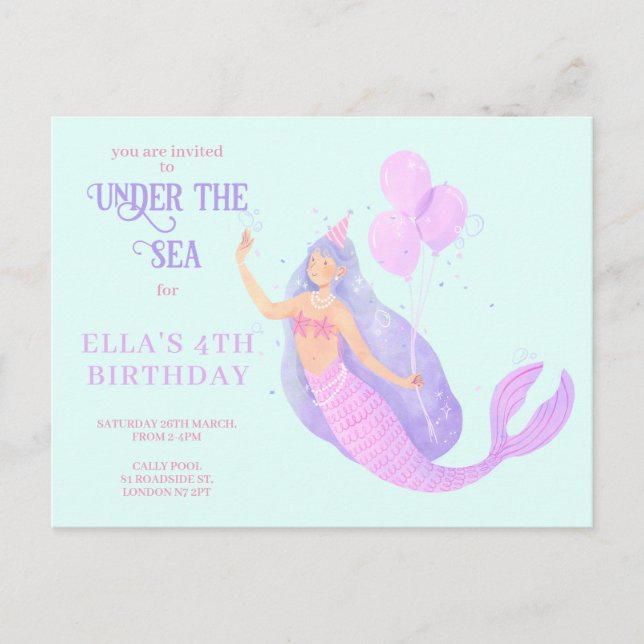 Mermaid Under the Sea Birthday Blue invitation Postcard (Front)