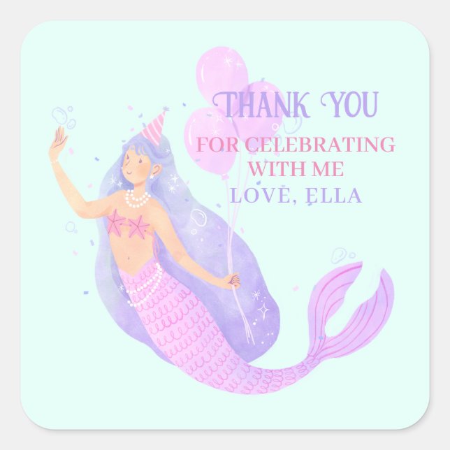 Mermaid Under the Sea Birthday Blue Thank you Square Sticker (Front)