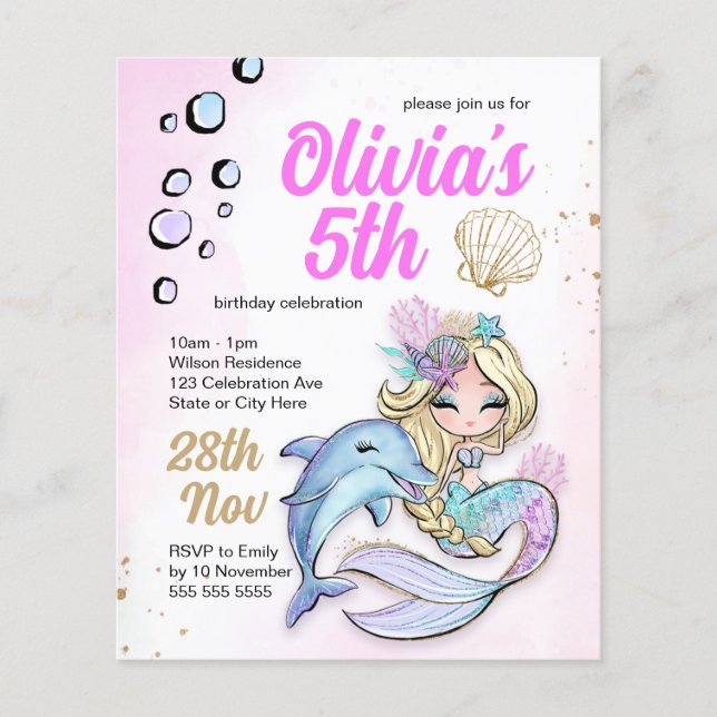 Mermaid Under the Sea Birthday Budget Invitation (Front)