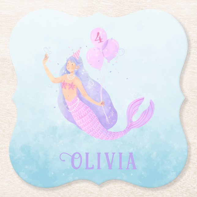 Mermaid Under the Sea Birthday Girl Age Blue Paper Coaster (Front)