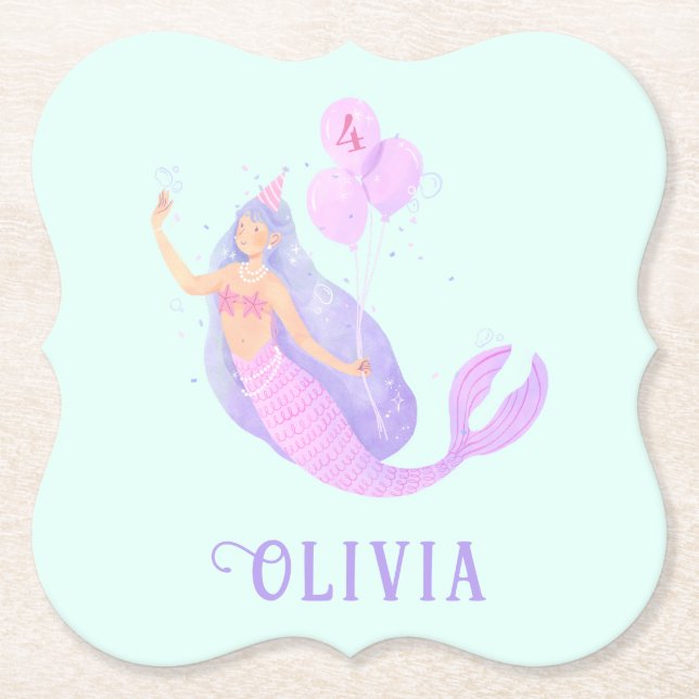 Mermaid Under the Sea Birthday Girl Age Blue Paper Coaster (Front)