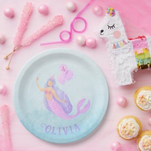 Mermaid Under the Sea Birthday Girl Age Blue Paper Plate