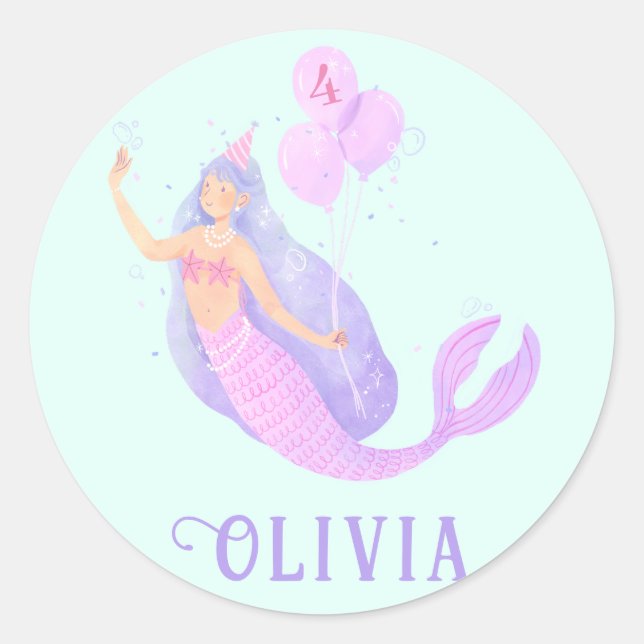Mermaid Under the Sea Birthday Girl Age Blue Party Classic Round Sticker (Front)