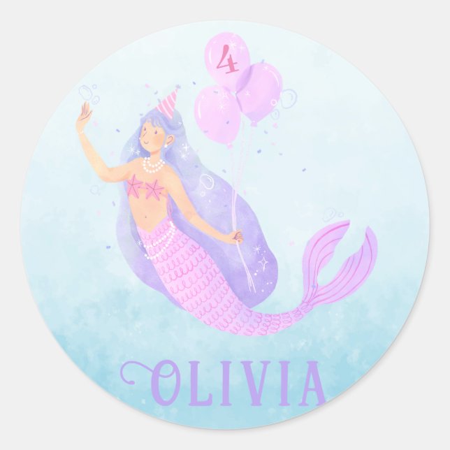 Mermaid Under the Sea Birthday Girl Age Blue Party Classic Round Sticker (Front)