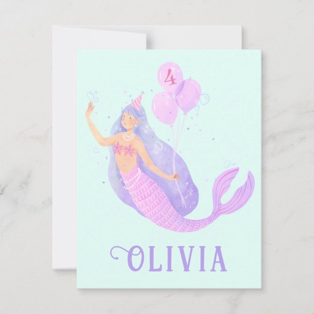 Mermaid Under the Sea Birthday Girl Age Blue Party RSVP Card (Front)