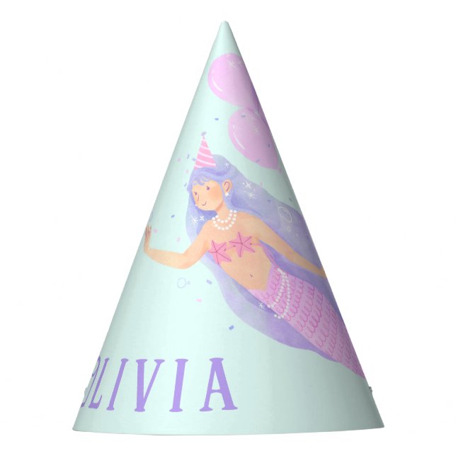Mermaid Under the Sea Birthday Girl Age Name Blue Party Hat (Front)