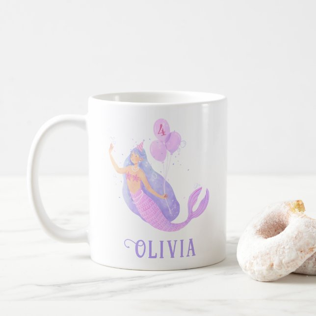Mermaid Under the Sea Birthday Girl Age Pink Coffee Mug (With Donut)