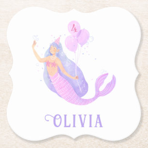 Mermaid Under the Sea Birthday Girl Age Pink Paper Coaster