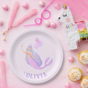 Mermaid Under the Sea Birthday Girl Age Pink Paper Plate