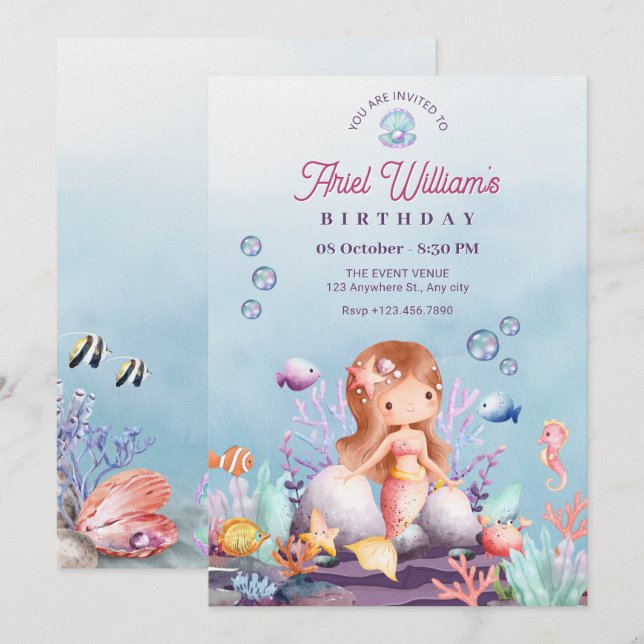 Mermaid under the sea birthday invitation (Front/Back)
