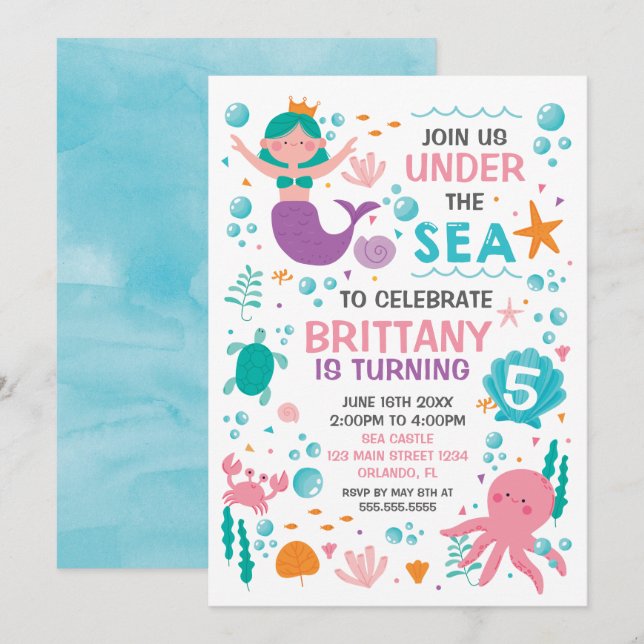 Mermaid Under the Sea birthday invitation (Front/Back)